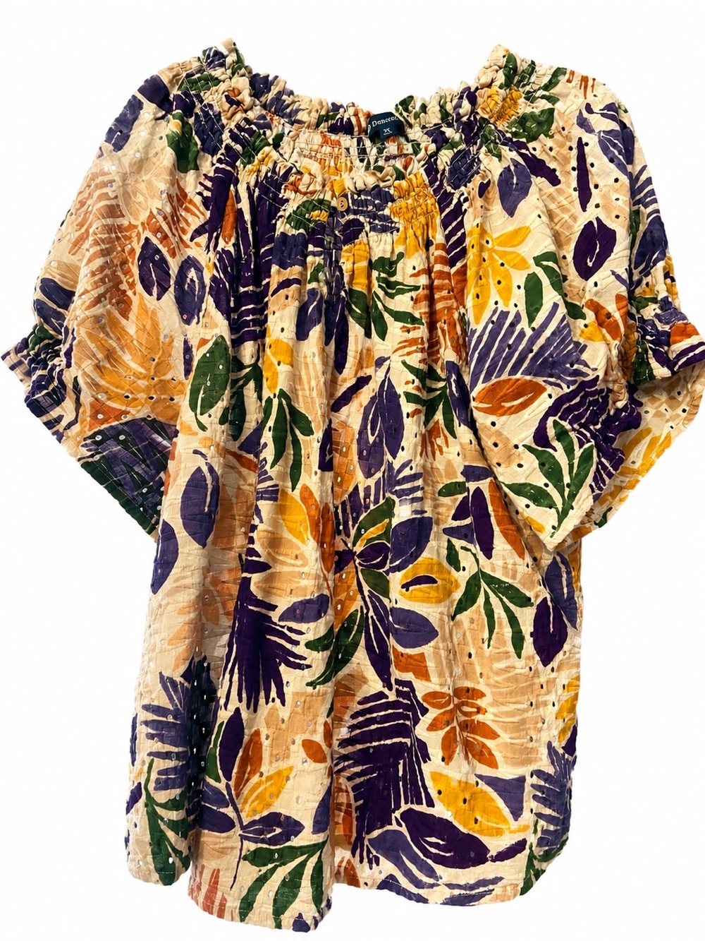 Democracy Cream Off-Shoulder Tunic with Purple, Green & Mustard Floral Print